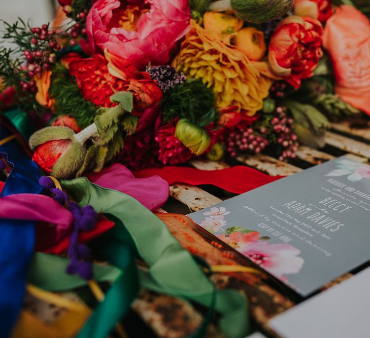 Brightly Coloured Floral Stationery Suite // Colourful Spring Wedding At Iscoyd Park With Coral Charm Peonies And Bride In Pronovias Images From Kate Gray Photography