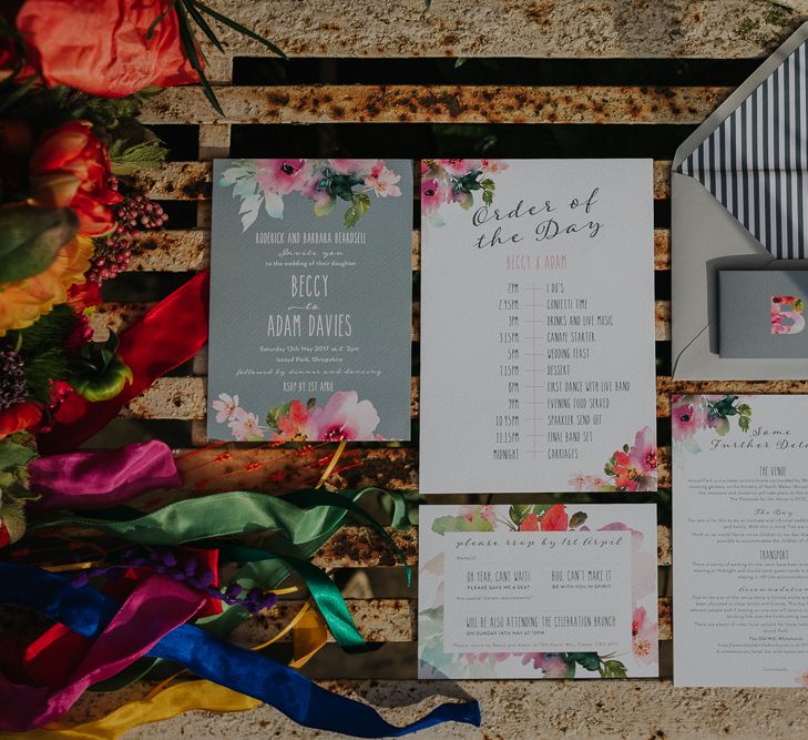 Brightly Coloured Floral Stationery Suite // Colourful Spring Wedding At Iscoyd Park With Coral Charm Peonies And Bride In Pronovias Images From Kate Gray Photography