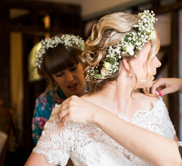 Flower Crown | Bride in Lace Wedding Dress | Groom in Shorts, Braces & Bow Tie | Coastal Wedding at Driftwood Spas St Agnes, Cornwall | Jessica Grace Photography