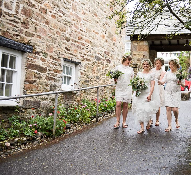 Bridal Party | Bride in Lace Wedding Dress | Bridesmaid in White Lace Dresses | Coastal Wedding at Driftwood Spas St Agnes, Cornwall | Jessica Grace Photography