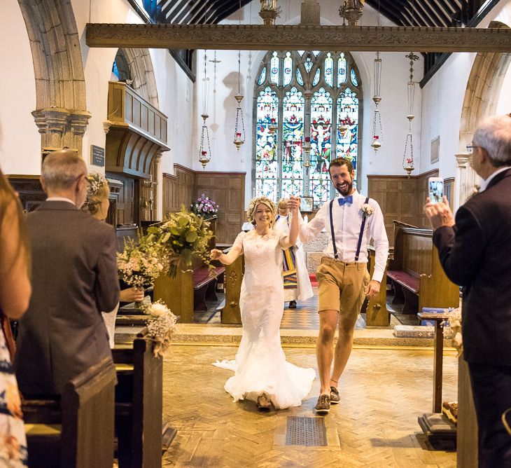 Wedding Ceremony | Bride in Lace Wedding Dress | Groom in Shorts, Braces & Bow Tie | Coastal Wedding at Driftwood Spas St Agnes, Cornwall | Jessica Grace Photography