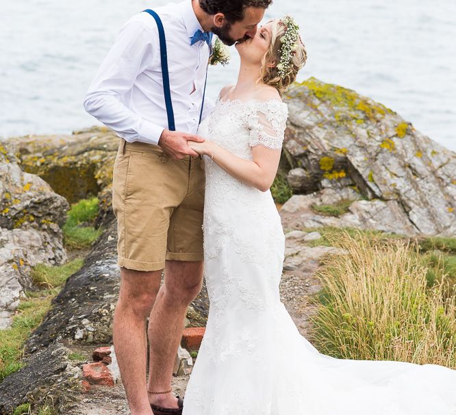 Bride in Lace Wedding Dress | Groom in Shorts, Braces & Bow Tie | Coastal Wedding at Driftwood Spas St Agnes, Cornwall | Jessica Grace Photography