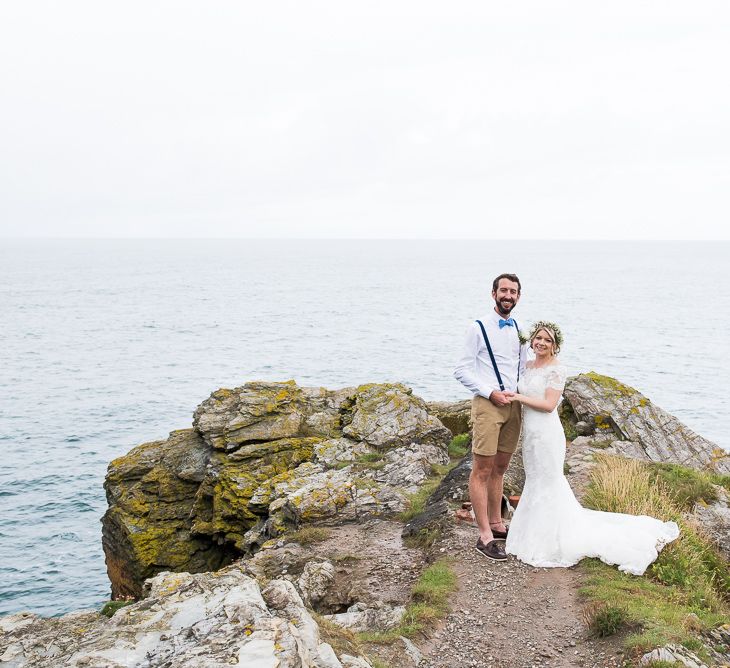 Bride in Lace Wedding Dress | Groom in Shorts, Braces & Bow Tie | Coastal Wedding at Driftwood Spas St Agnes, Cornwall | Jessica Grace Photography