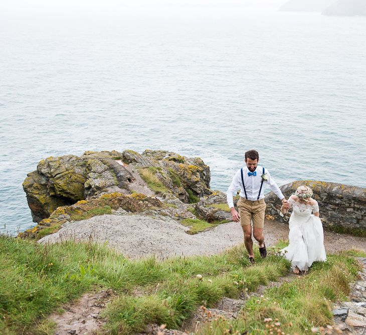 Bride in Lace Wedding Dress | Groom in Shorts, Braces & Bow Tie | Coastal Wedding at Driftwood Spas St Agnes, Cornwall | Jessica Grace Photography