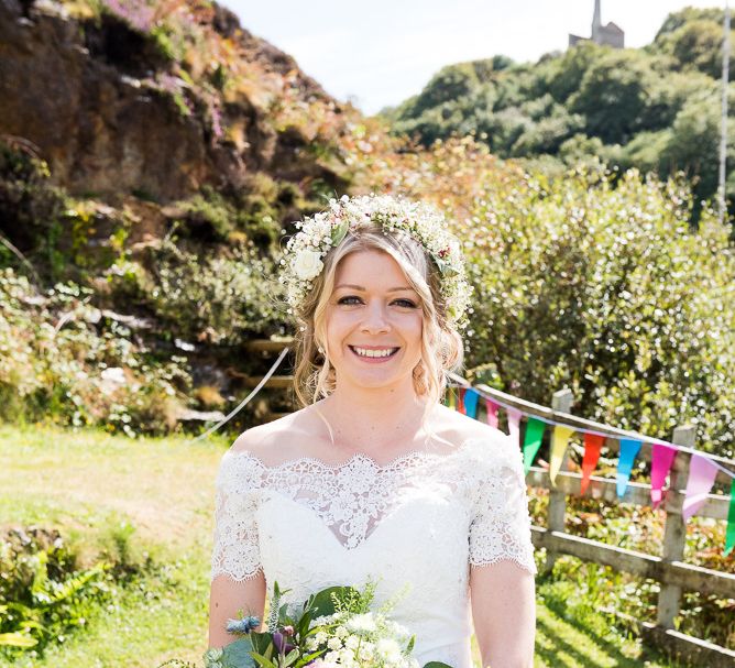 Bride in Lace Bardot Dress with Flower Crown | Coastal Wedding at Driftwood Spas St Agnes, Cornwall | Jessica Grace Photography