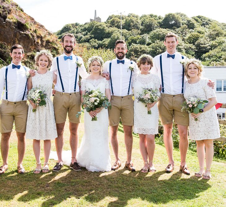 Wedding Party | Groomsmen in Shorts | Bridesmaids in White Lace Dresses | Coastal Wedding at Driftwood Spas St Agnes, Cornwall | Jessica Grace Photography