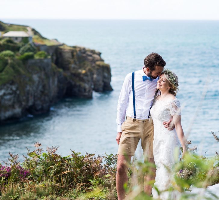 Bride in Lace Wedding Dress | Groom in Shorts, Braces & Bow Tie | Coastal Wedding at Driftwood Spas St Agnes, Cornwall | Jessica Grace Photography