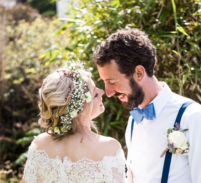 Bride in Lace Wedding Dress | Groom in Shorts, Braces & Bow Tie | Coastal Wedding at Driftwood Spas St Agnes, Cornwall | Jessica Grace Photography