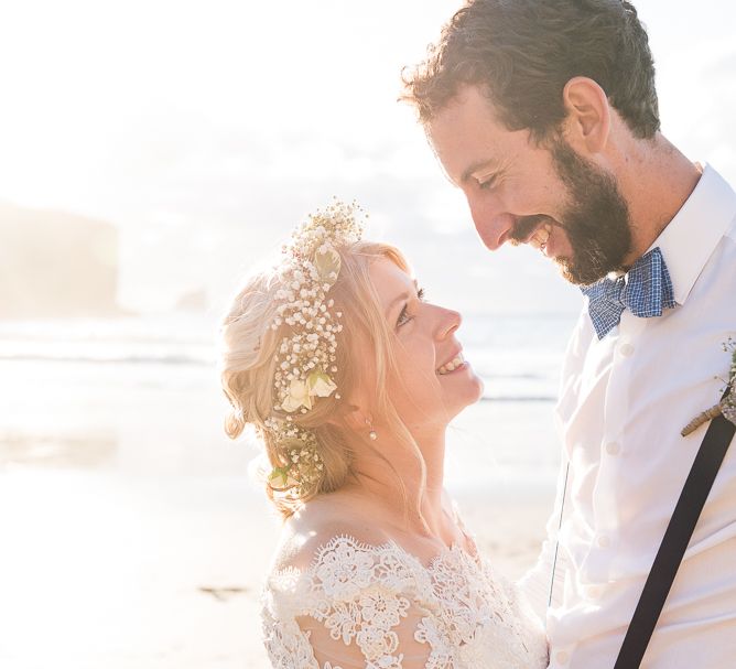 Bride in Lace Wedding Dress | Groom in Shorts, Braces & Bow Tie | Coastal Wedding at Driftwood Spas St Agnes, Cornwall | Jessica Grace Photography