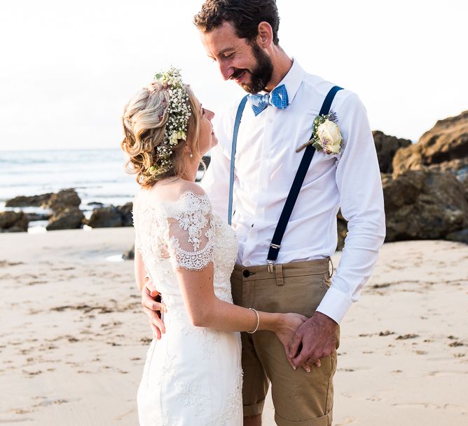 Bride in Lace Wedding Dress | Groom in Shorts, Braces & Bow Tie | Coastal Wedding at Driftwood Spas St Agnes, Cornwall | Jessica Grace Photography