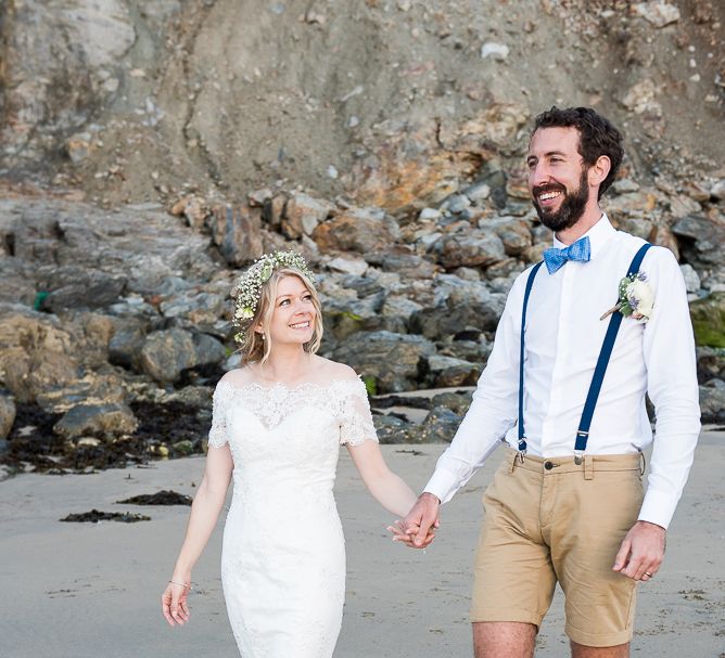 Beach | Bride in Lace Wedding Dress | Groom in Shorts, Braces & Bow Tie | Coastal Wedding at Driftwood Spas St Agnes, Cornwall | Jessica Grace Photography