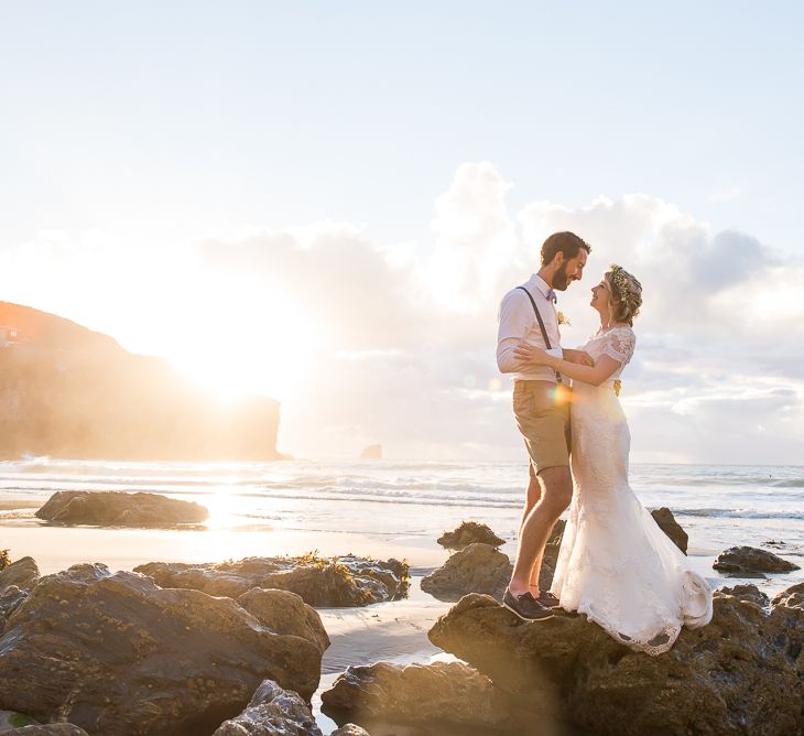 Golden Hour | Bride in Lace Wedding Dress | Groom in Shorts, Braces & Bow Tie | Coastal Wedding at Driftwood Spas St Agnes, Cornwall | Jessica Grace Photography