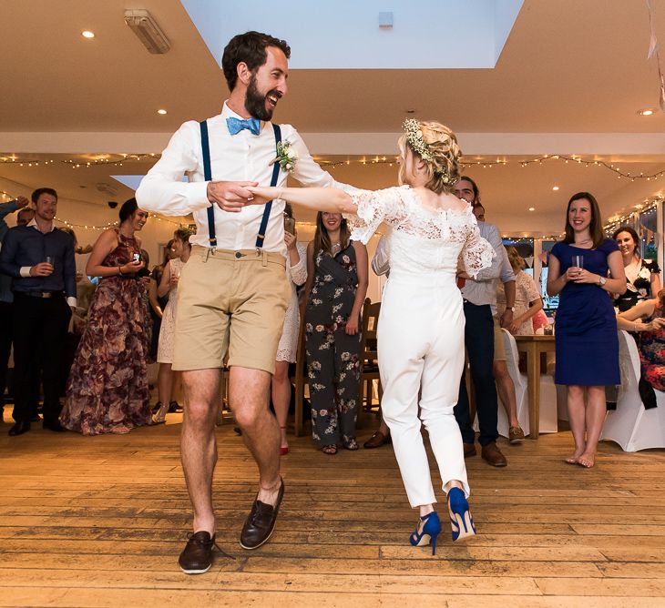 First Dance Bride in Jumpsuit | Groom in Shorts, Braces & Bow Tie | Coastal Wedding at Driftwood Spas St Agnes, Cornwall | Jessica Grace Photography