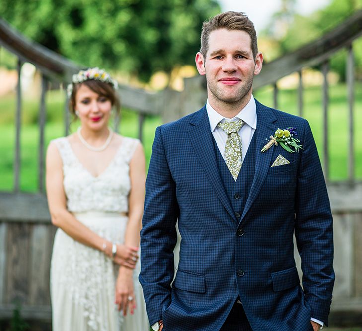 Groom in Navy Check Reiss Suit