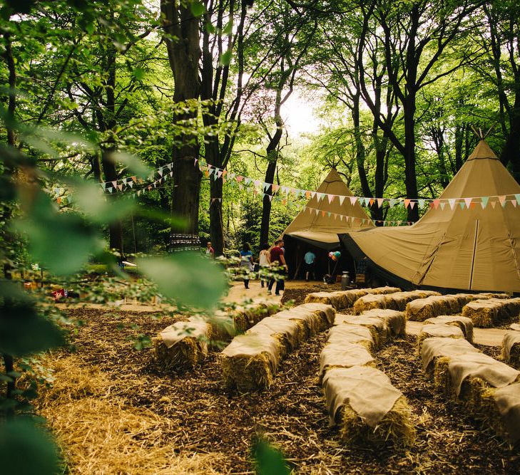 Hay bale Seating Area at Outdoor Woodland Ceremony