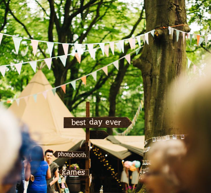 Bunting & Wooden Direction Sign Rustic Wedding Decor