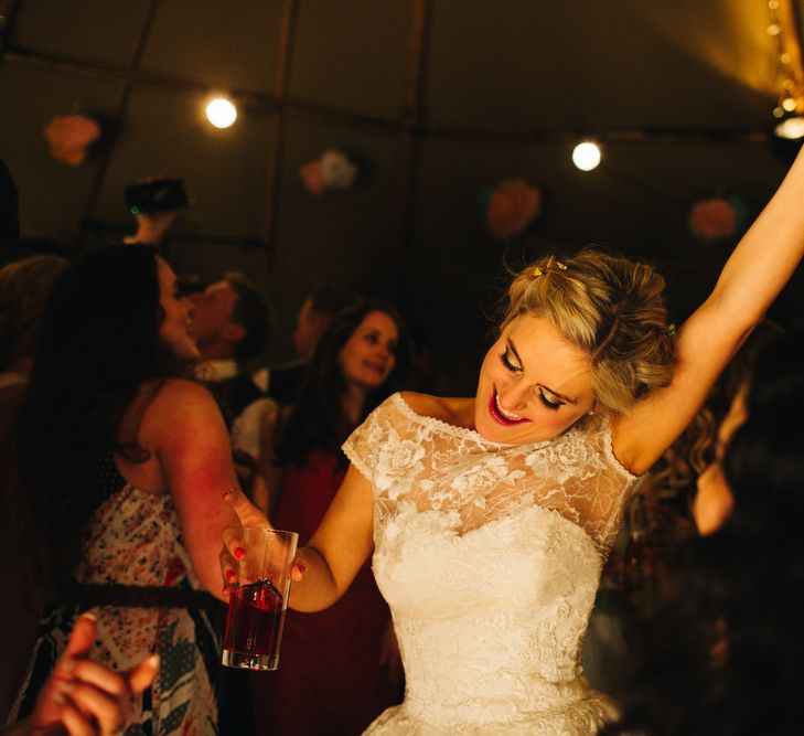 Bride in Short Blue by Enzoani Danbury Gown