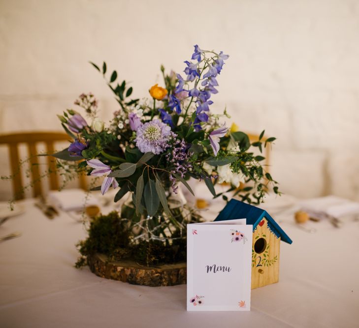 Rustic Tree Slice, Bird Cake & Wild Flower Centrepieces | Curradine Barns, West Midlands | Chris Barber Photography