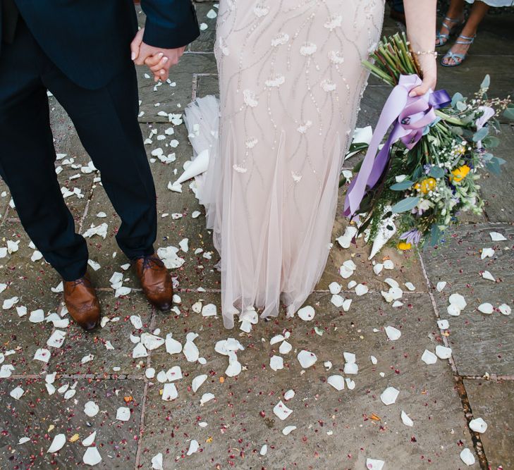 Confetti Moment | Bride in Sequin Wedding Dress | Groom in Moss Bros Hire Suit | Curradine Barns, West Midlands | Chris Barber Photography