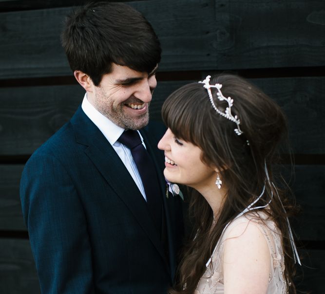 Bride in Sequin Wedding Dress | Delicate Victoria Millésime Headpiece | Groom in Moss Bros Hire Suit | Curradine Barns, West Midlands | Chris Barber Photography