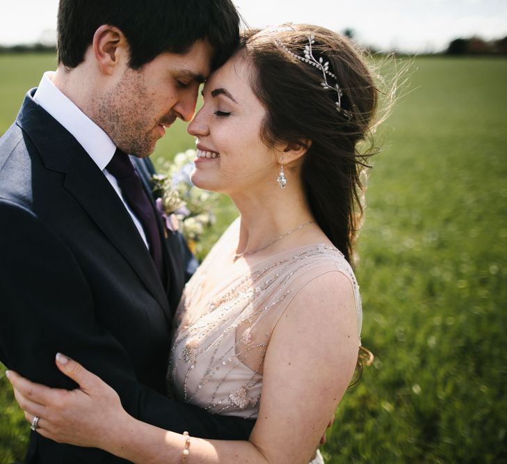 Bride in Sequin Wedding Dress | Delicate Victoria Millésime Headpiece | Groom in Moss Bros Hire Suit | Curradine Barns, West Midlands | Chris Barber Photography