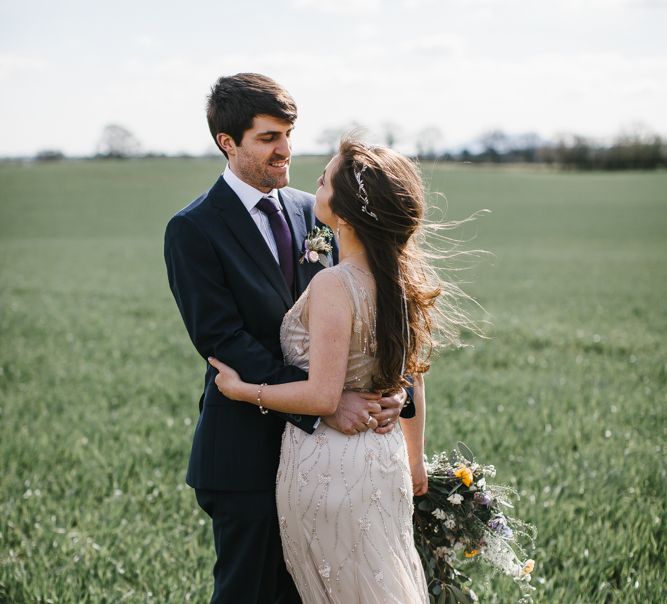 Bride in Sequin Wedding Dress | Delicate Victoria Millésime Headpiece | Groom in Moss Bros Hire Suit | Curradine Barns, West Midlands | Chris Barber Photography