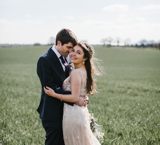 Bride in Sequin Wedding Dress | Delicate Victoria Millésime Headpiece | Groom in Moss Bros Hire Suit | Curradine Barns, West Midlands | Chris Barber Photography