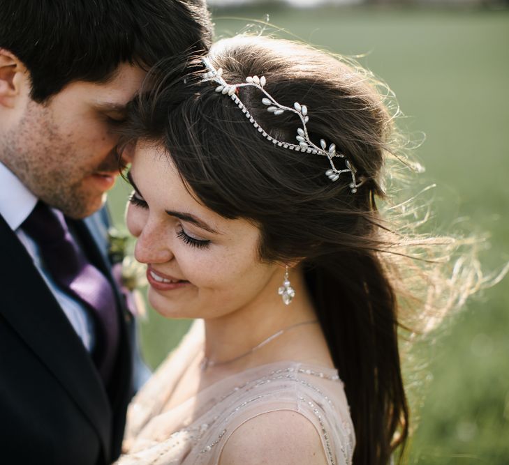 Bride in Sequin Wedding Dress | Delicate Victoria Millésime Headpiece | Groom in Moss Bros Hire Suit | Curradine Barns, West Midlands | Chris Barber Photography