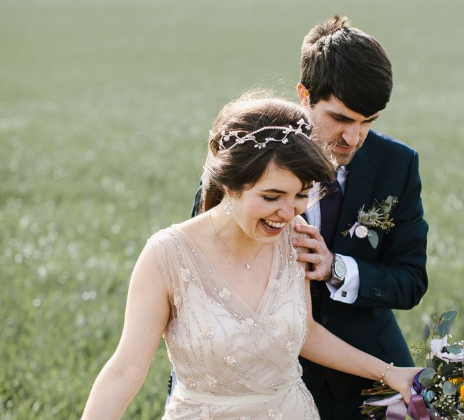 Bride in Sequin Wedding Dress | Delicate Victoria Millésime Headpiece | Groom in Moss Bros Hire Suit | Curradine Barns, West Midlands | Chris Barber Photography