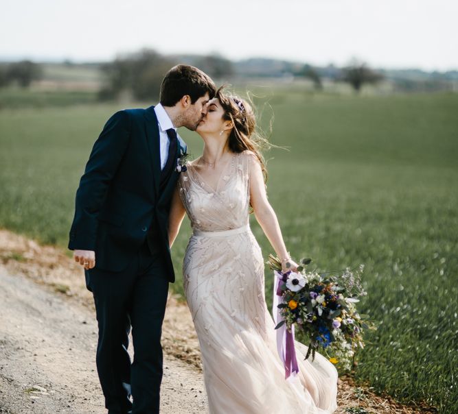 Bride in Sequin Wedding Dress | Delicate Victoria Millésime Headpiece | Groom in Moss Bros Hire Suit | Curradine Barns, West Midlands | Chris Barber Photography