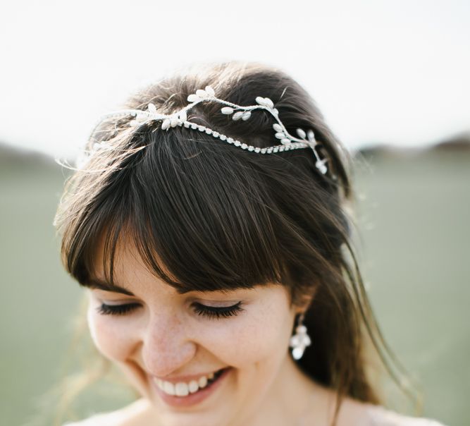 Bride in Sequin Wedding Dress | Delicate Victoria Millésime Headpiece | Curradine Barns, West Midlands | Chris Barber Photography