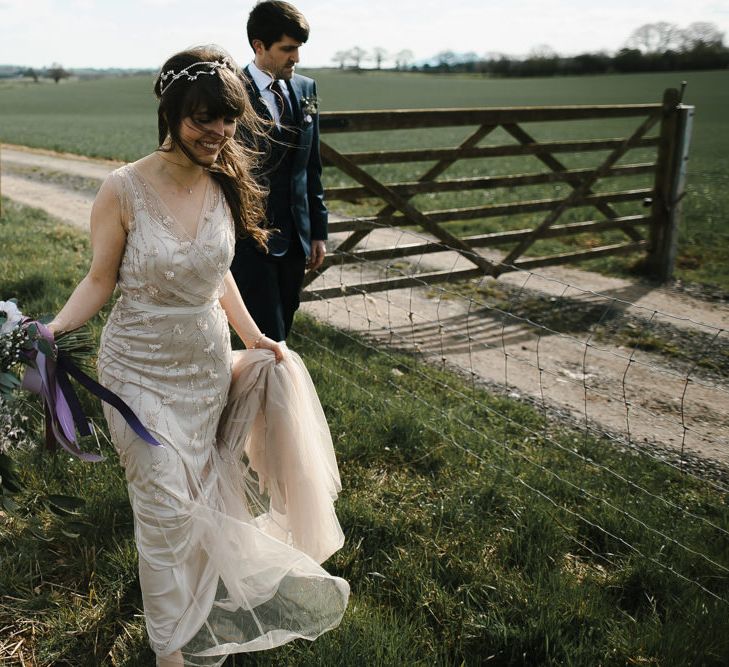 Bride in Sequin Wedding Dress | Delicate Victoria Millésime Headpiece | Groom in Moss Bros Hire Suit | Curradine Barns, West Midlands | Chris Barber Photography