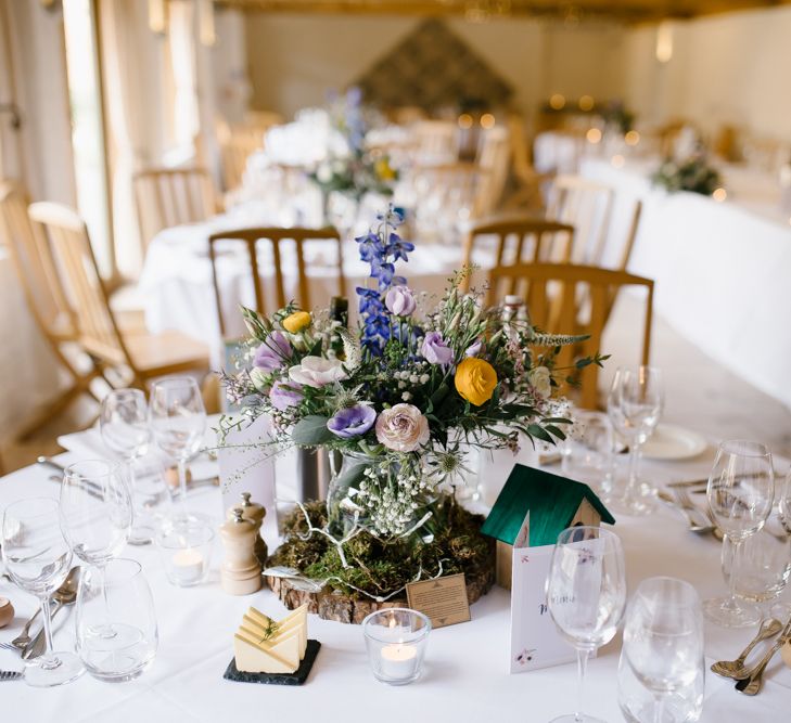 Rustic Tree Slice, Bird Cake & Wild Flower Centrepieces | Curradine Barns, West Midlands | Chris Barber Photography