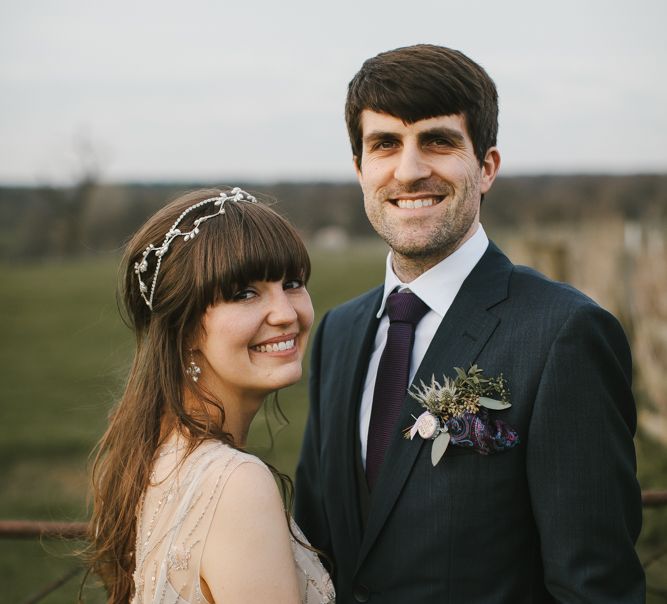 Bride in Sequin Wedding Dress | Delicate Victoria Millésime Headpiece | Groom in Moss Bros Hire Suit | Curradine Barns, West Midlands | Chris Barber Photography