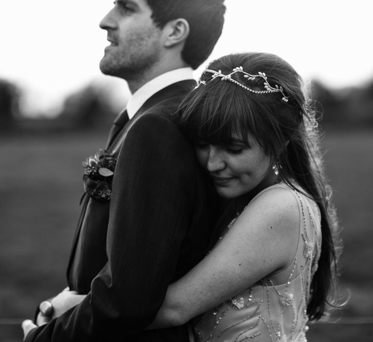 Bride in Sequin Wedding Dress | Delicate Victoria Millésime Headpiece | Groom in Moss Bros Hire Suit | Curradine Barns, West Midlands | Chris Barber Photography