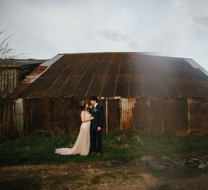 Bride in Sequin Wedding Dress | Delicate Victoria Millésime Headpiece | Groom in Moss Bros Hire Suit | Curradine Barns, West Midlands | Chris Barber Photography