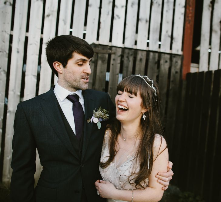 Bride in Sequin Wedding Dress | Delicate Victoria Millésime Headpiece | Groom in Moss Bros Hire Suit | Curradine Barns, West Midlands | Chris Barber Photography