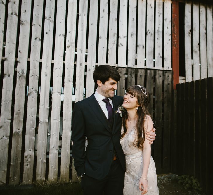 Bride in Sequin Wedding Dress | Delicate Victoria Millésime Headpiece | Groom in Moss Bros Hire Suit | Curradine Barns, West Midlands | Chris Barber Photography