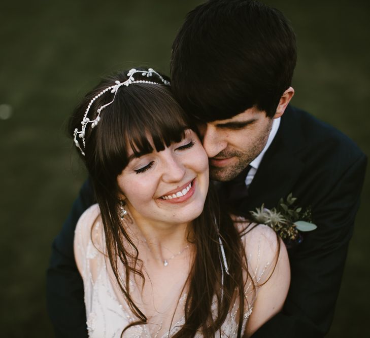 BeckyJonny-0088Bride in Sequin Wedding Dress | Delicate Victoria Millésime Headpiece | Groom in Moss Bros Hire Suit | Curradine Barns, West Midlands | Chris Barber Photography