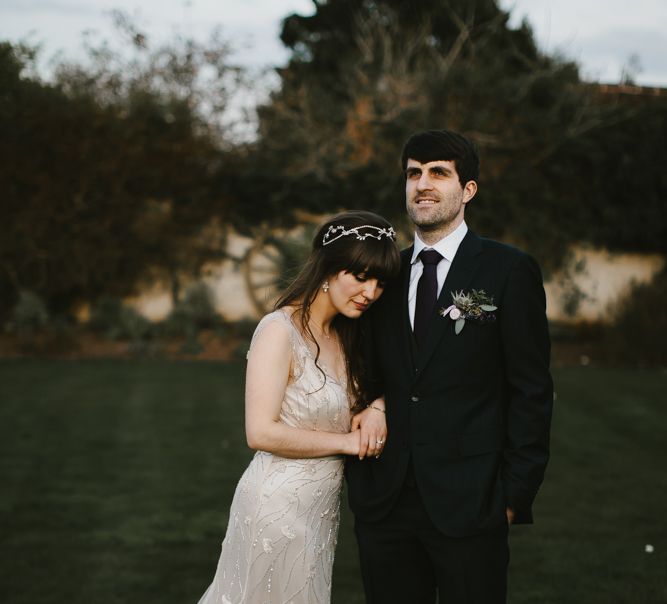 Bride in Sequin Wedding Dress | Delicate Victoria Millésime Headpiece | Groom in Moss Bros Hire Suit | Curradine Barns, West Midlands | Chris Barber Photography