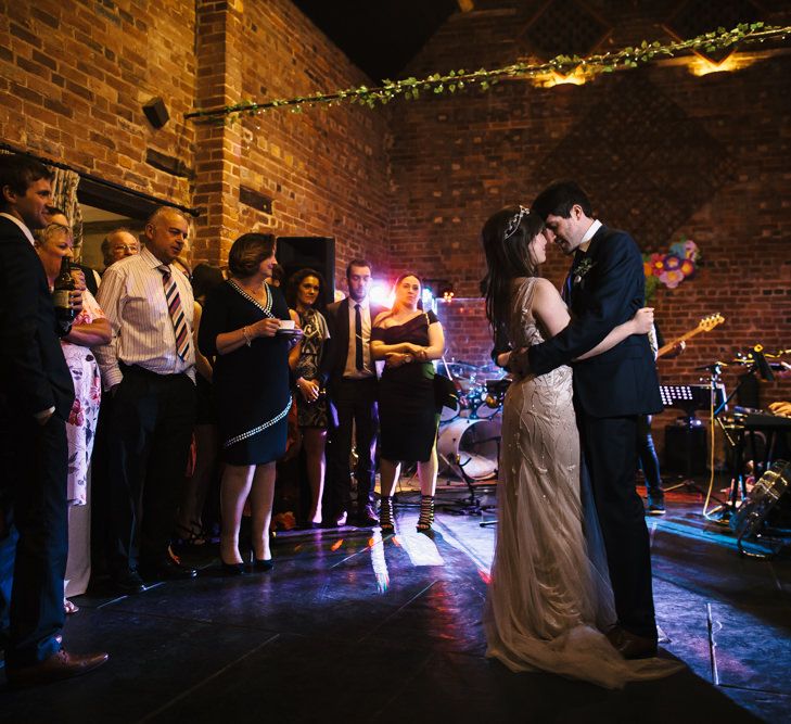 First Dance | Bride in Sequin Wedding Dress | Delicate Victoria Millésime Headpiece | Groom in Moss Bros Hire Suit | Curradine Barns, West Midlands | Chris Barber Photography