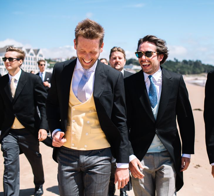 Groom & Groomsmen In Morning Suits With Waistcoats From Sir Plus // Marquee Wedding Jersey With Bride In Jesus Peiro With Images From Wedding_M And Bridesmaids In Pink Silk Dresses By Ghost