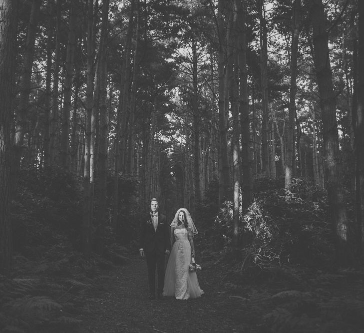 Bride in Stewart Parving Gown & Groom in Reiss Suit at Griffon Forrest in Yorkshire