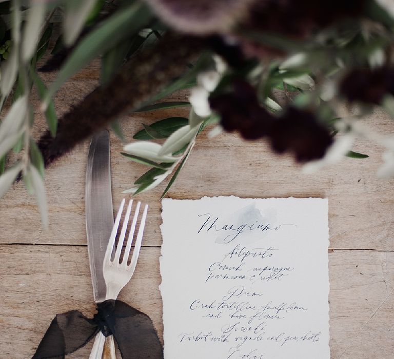 Elegant Place Setting With Plum Coloured Ribbon