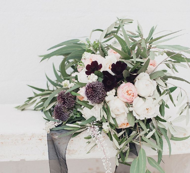 Oversized Wedding Bouquet With Plum Colour Accents And Silk Ribbon