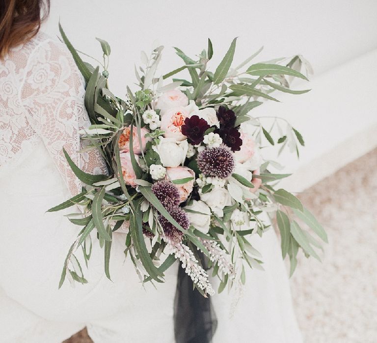 Oversized Wedding Bouquet With Plum Colour Accents And Silk Ribbon