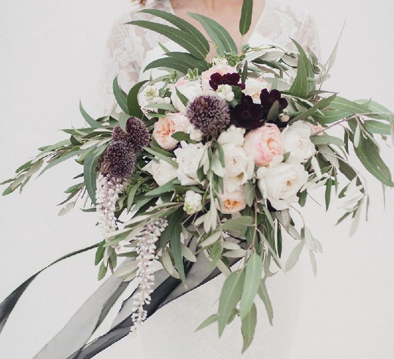 Oversized Wedding Bouquet With Plum Colour Accents And Silk Ribbon