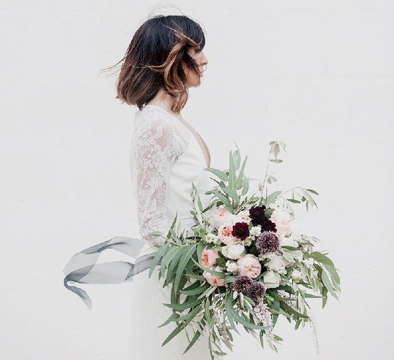 Oversized Wedding Bouquet With Plum Colour Accents And Silk Ribbon