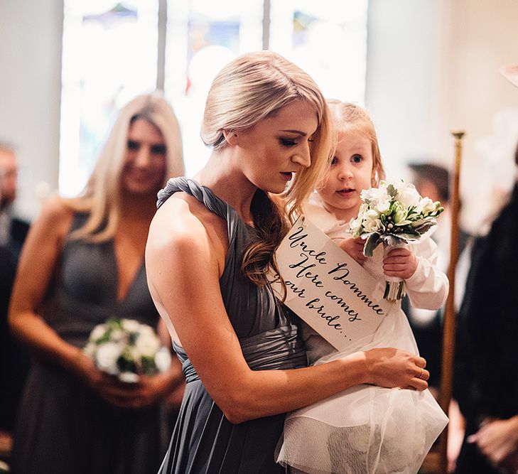 Bridesmaid in Charcoal Twobirds Gown & Flower Girl in Monsoon Dress