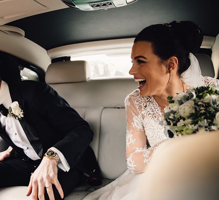 Bride in Camellia Suzanne Neville Gown & Groom in SuitSupply Tuxedo